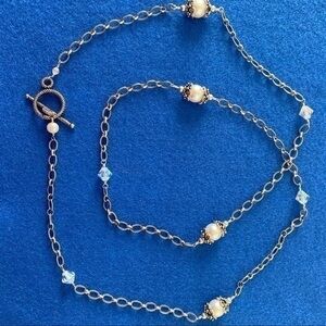 Artisan 925 Silver designer chain diamond crystal n pearl layered necklace NEW